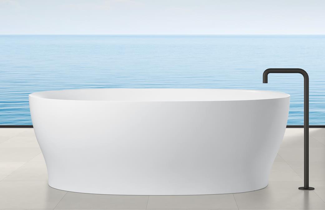 AK-9014-67 Pure White freestanding bathtub with smooth oval rim and black floor-mounted faucet