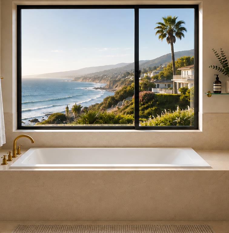 Alphabelle Tub 品牌故事页配图：大理石纹浴缸场景