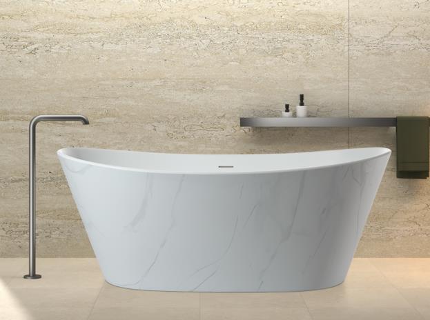 GY-2001 freestanding bathtub with marble-pattern exterior and floor-mounted faucet