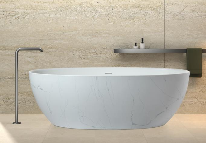 GY-2003 freestanding oval bathtub with marble-pattern exterior and floor-mounted faucet